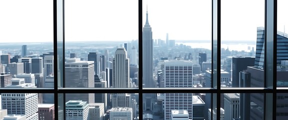 Modern office building with a glass facade overlooking the city skyline, white background, close-up of the window and interior space, clear sky, cityscape in the distance.	
