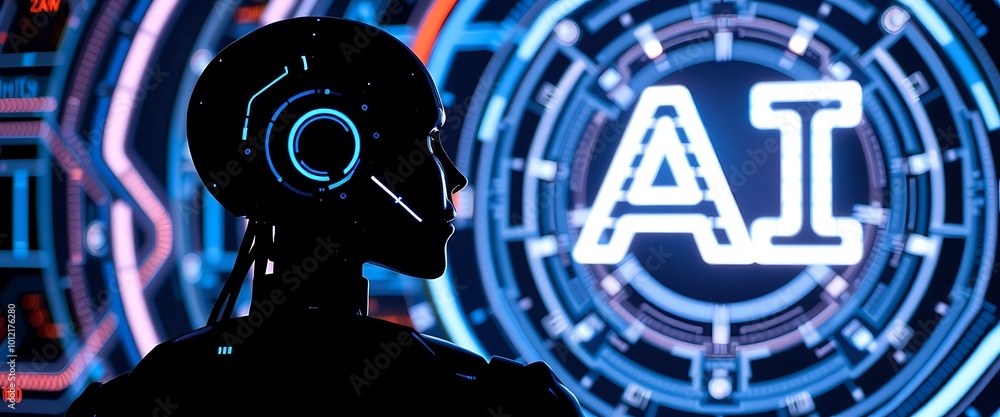 Poster silhouette of a robot looking at a digital image of the letters 