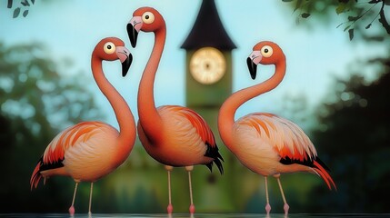 Obraz premium three flamingos in a pond, a castle, whimsical funny