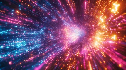 Naklejka premium A futuristic design illustrating rapid data movement with glowing rays and dynamic explosions, capturing the essence of space travel