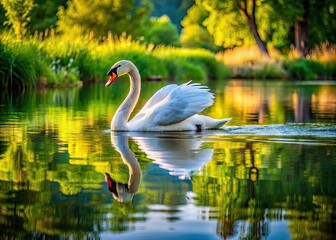 Fototapeta premium Elegant Swan Gliding Across Tranquil Lake Surrounded by Lush Greenery and Reflections of Nature