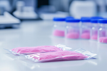 Pink cocaine - Plastic bags of pink powder in a scientific lab environment