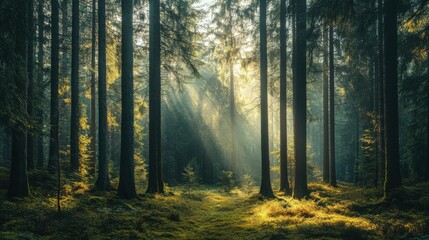 A dense pine forest with tall trees towering above, sunlight filtering through the branches and dappling the forest floor.