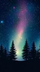 Fototapeta premium the northern lights and stars in silhouette against an aurora-filled sky, with silhouettes of pine trees covered with snow in the lower left corners. 