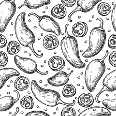 Jalapeno pepper seamless pattern drawing. Hand drawn food background.