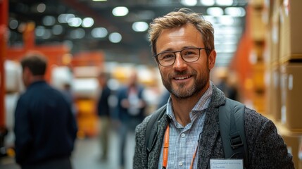 Fototapeta premium A smiling man wearing glasses and a badge stands in a warehouse with boxes and other people in the background.