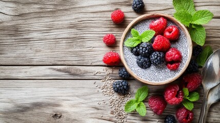 A rustic breakfast scene featuring chia pudding, fresh berries, and mint leaves on a wooden background, leaving space for text or branding.