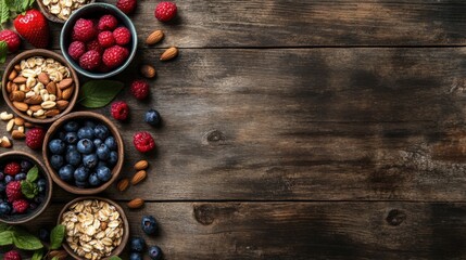 A healthy breakfast scene with oatmeal, nuts, and fresh berries on a rustic wooden table, perfect for promoting nutrition with ample copy space.