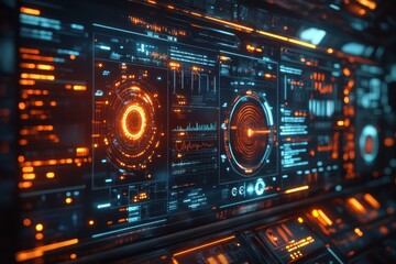 Obraz premium Futuristic digital interface with glowing orange and blue lines and circles.