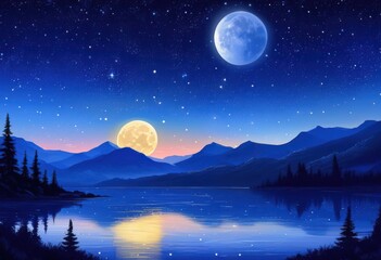 Fototapeta premium breathtaking night landscape showcasing radiant moonrise illuminating serene horizon glittering stars, moonlit, scenery, starry, sky, glowing, nature