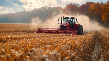 Fototapeta premium A red tractor harvests corn in a field on a foggy fall morning.