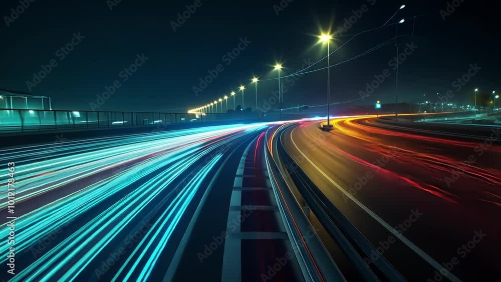 Aufkleber streaks of light illuminate an empty highway at night, creating a sense of speed and movement. the l