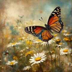 Fototapeta premium Butterflies and flowers, sketch illustration, AI generated photo