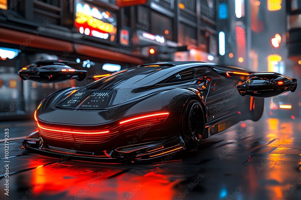 Aufkleber 3d-rendered scene of a futuristic city with flying cars and glowing buildings, fully animated with d