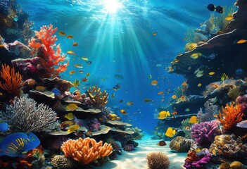 Fototapeta premium explore breathtaking vibrancy marine life pristine coral reefs teeming colorful fish diverse underwater flora, aquatic, aquarium, animals, blue, creatures