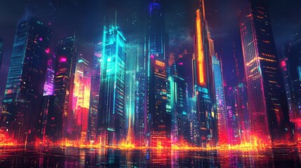Abstract cityscape with glowing neon skyscrapers and futuristic architecture, creating a vibrant and energetic urban atmosphere.
