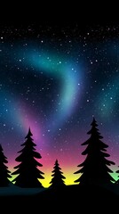 Fototapeta premium the northern lights and stars in silhouette against an aurora-filled sky, with silhouettes of pine trees covered with snow in the lower left corners. 