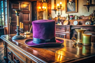 Elegant Vintage Top Hat on Wooden Table Surrounded by Antique Items and Classic Decor Elements