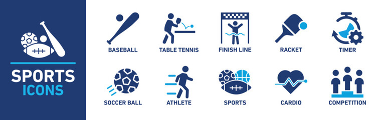 Sports icon set. Includes icons for baseball, table tennis, finish line, racket, timer, soccer ball, athlete, sports, cardio, and competition.