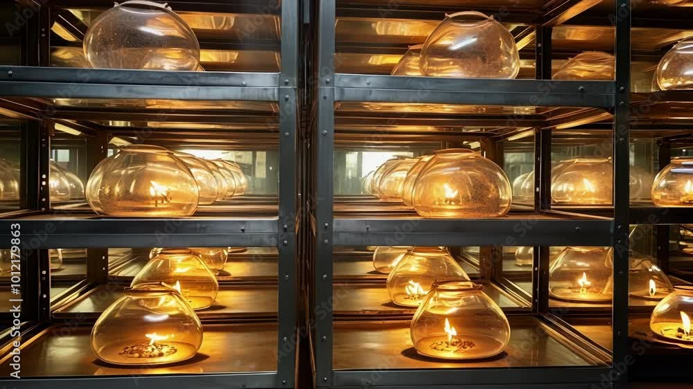 Poster multiple glass lamps glow on shelves with infinity mirrors, creating a mesmerizing and endless displ
