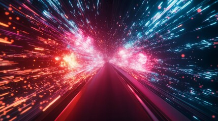 Naklejka premium A futuristic design illustrating rapid data movement with glowing rays and dynamic explosions, capturing the essence of space travel