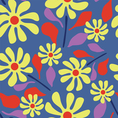 blue seamless vector stock flowers with leaves pattern on cream background