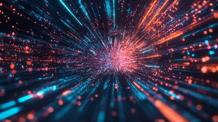 Naklejka premium A futuristic design illustrating rapid data movement with glowing rays and dynamic explosions, capturing the essence of space travel