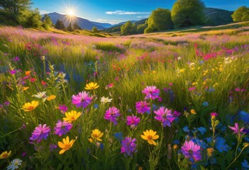 Obraz premium captivating vibrant seasonal landscapes enriched colorful blooming wildflowers under bright blue sky, aesthetic, botanical, blossom, countryside, colorscape