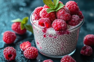 A glass of chia pudding topped with fresh raspberries and a sprig of mint.