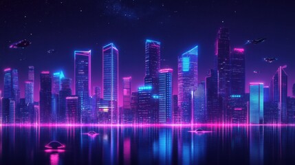 Neon cityscape with glowing skyscrapers and flying cars, set against a dark starry sky--perfect for futuristic-themed event posters or gaming backgrounds.