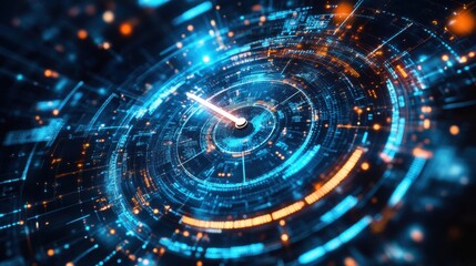 Obraz premium A clock surrounded by abstract digital symbols, representing time management and technological advancements in optimizing thinking processes.