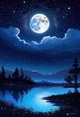Fototapeta premium captivating night sky luminous moon glow illuminating stars clouds creating serene daydream atmosphere, illumination, radiance, brilliance, moonlight