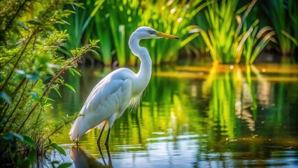 Elegant White Heron Bird Standing Gracefully Amidst Lush Greenery by Tranquil Water's Edge