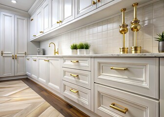 Elegant White Kitchen Cabinets with Stylish Gold Handles for Modern Interior Design Inspiration