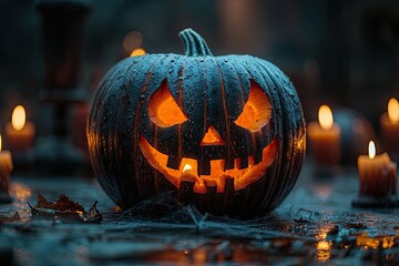 Halloween pumpkin with candles on dark background. Jack o lantern.