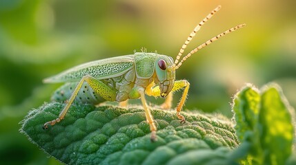A green grasshopper sits on a leaf with a blurred background of green foliage and golden sunlight.
