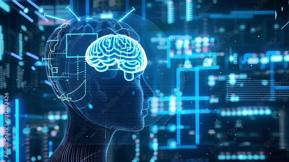 Poster futuristic digital human head with a glowing brain is enhanced with brain computer interface technol