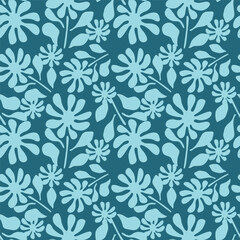 blue seamless vector stock flowers with leaves pattern on cream background