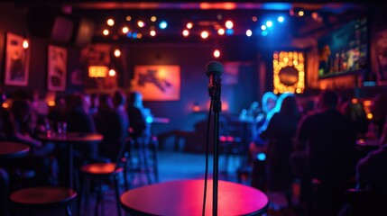 Comedy club with low lighting, a small stage with a microphone stand, and people laughing at a comedian's jokes.