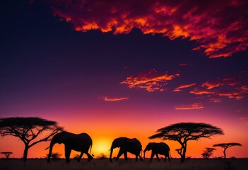 Fototapeta premium vibrant sunset over savanna plains highlighting brilliant colors distinctive silhouettes serene horizon, vivid, dusk, nature, landscape, scenic, sky, orange