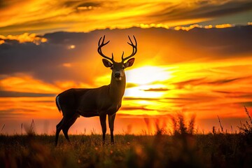 Elegant White-Tailed Deer Silhouette Against a Sunset Background in a Natural Outdoor Setting