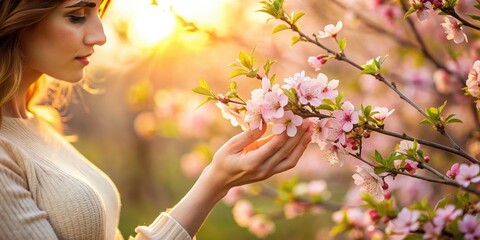 Elegant Woman's Hand Gently Touching a Blooming Flower in a Soft Natural Setting During Springtime