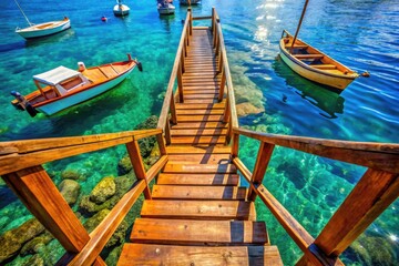 Elegant wooden boat stairs leading to the water on a sunny day, perfect for nautical-themed designs