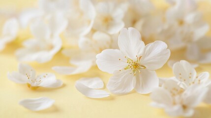 Macro view of soft white cherry blossom petals falling on a pale yellow background, creating a fresh and light springtime scene.