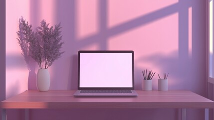 A stylish and minimalist workspace setup featuring a laptop on a wooden desk, flanked by a vase with dried flowers and pen holders, bathed in warm pink sunlight.
