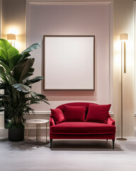 A large white blank painting or print mockup on a panelled wall with a crimson red velvet sofa in a waiting room, lobby, reception area.