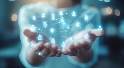 A person holding out their hands, with blue glowing people icons floating above them and connected by lines to other people's avatars in the background Generative AI