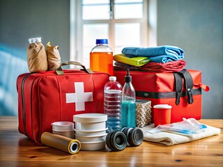 Emergency preparedness supplies and first aid kits for disaster relief and community support services