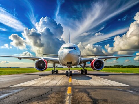 Emirates Boeing 777-300 Aircraft on Runway Ready for Takeoff in Clear Blue Sky with Clouds Above