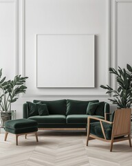 A large white blank painting or print mockup on a wall with parquetry floor above a green velvet sofa, indoor plants.